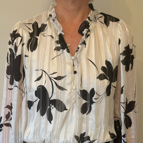 Autres Filles Black & White Floral Blouse w/ Thin Gold Metallic Stripe, Large - Picture 2 of 10